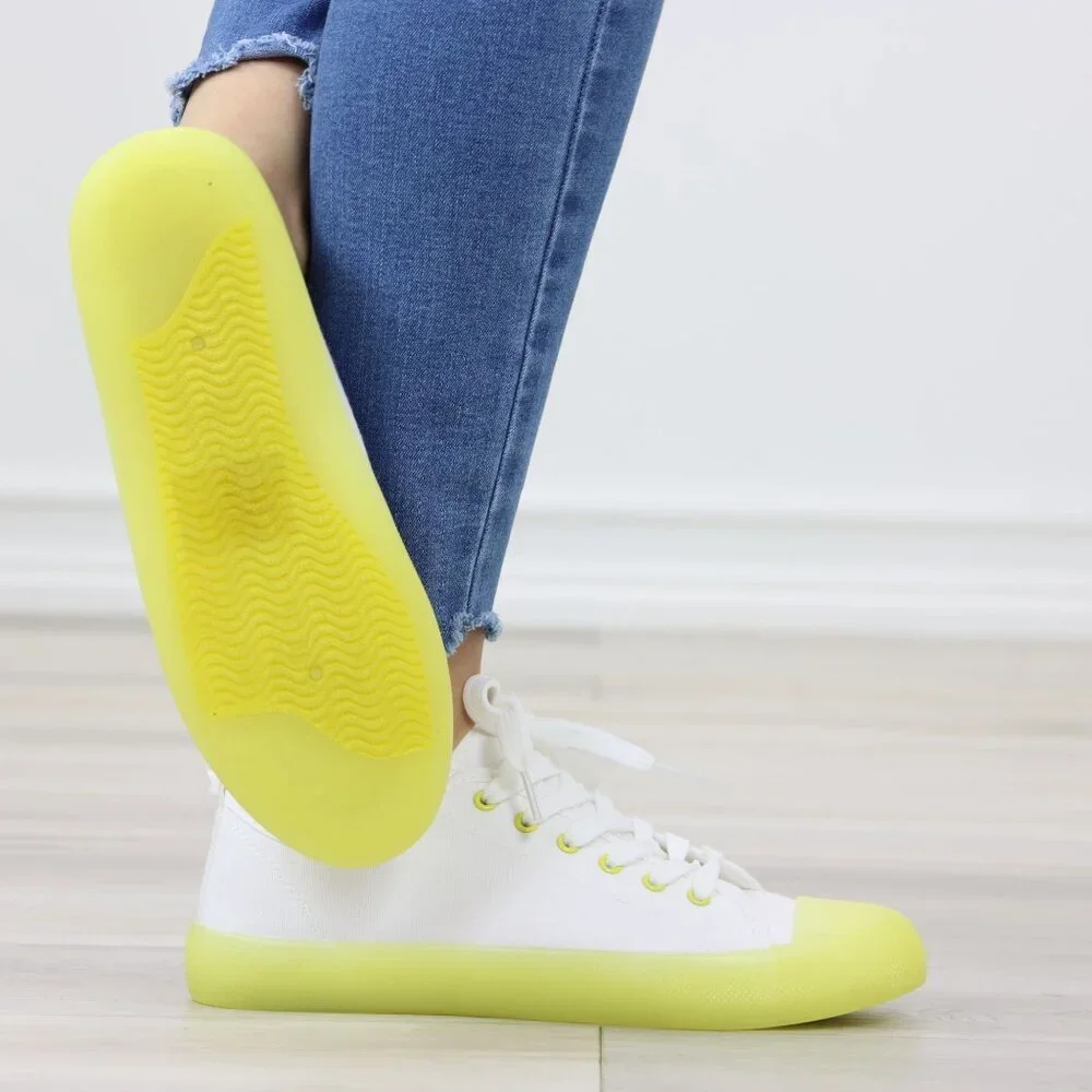 White & Neon Canvas Fabric Fashion Comfort Low Top Sneakers Shoes - Picture 4 of 14